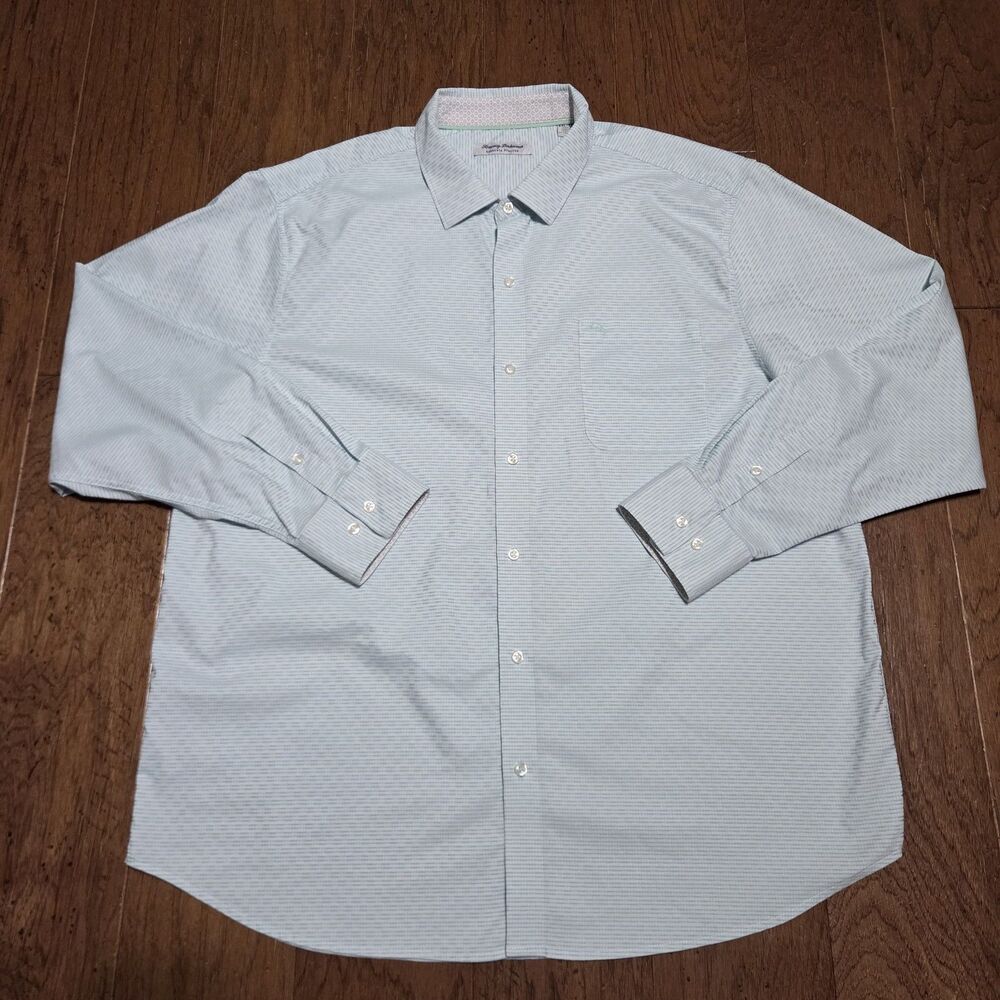 Tommy Bahama Shirt Mens XXL Blue Sarasota Stretch Button Up Shirt Flip Cuff 2XL